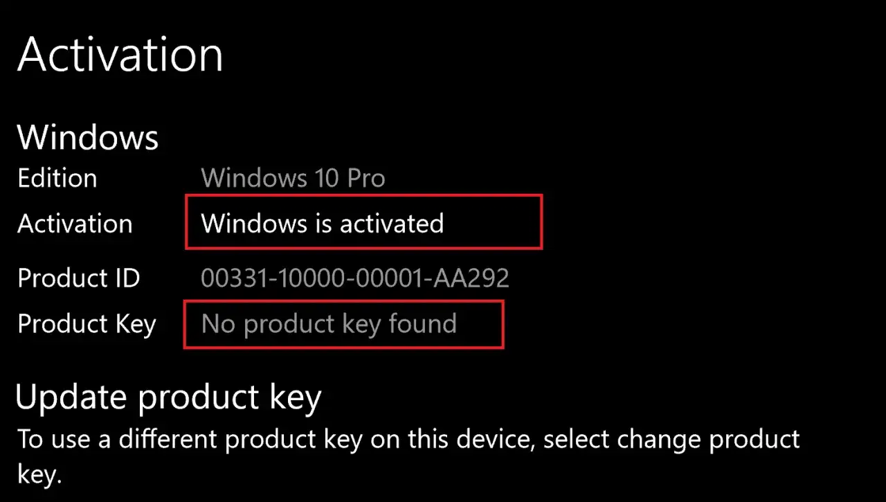 Aktywacja Windows 10 Pro. Brak znalezionego klucza produktu, ale system jest aktywowany.