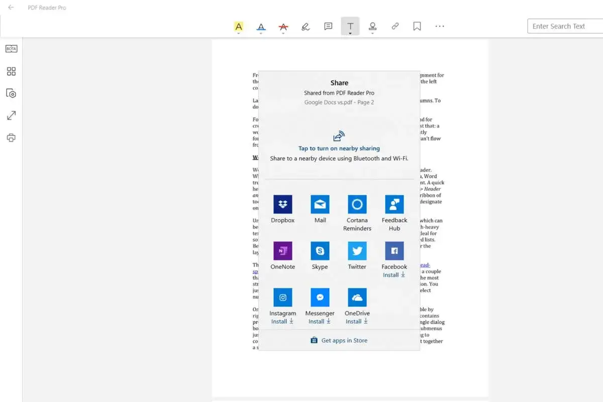 Okno udostępniania w czytniku PDF. Możesz udostępnić dokument przez Bluetooth, Wi-Fi lub inne aplikacje.