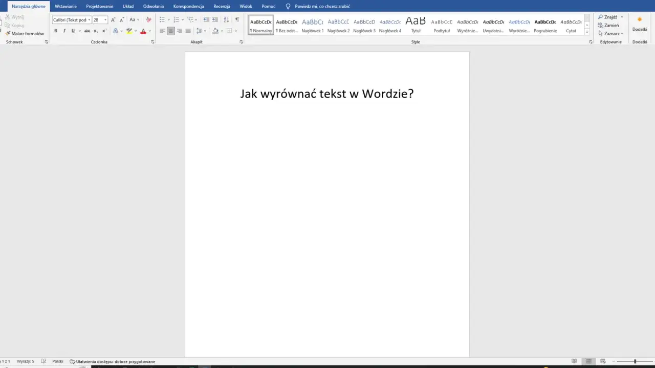 Jak wyrównać tekst w Wordzie? Widok okna programu Microsoft Word z widocznym pytaniem na środku strony.