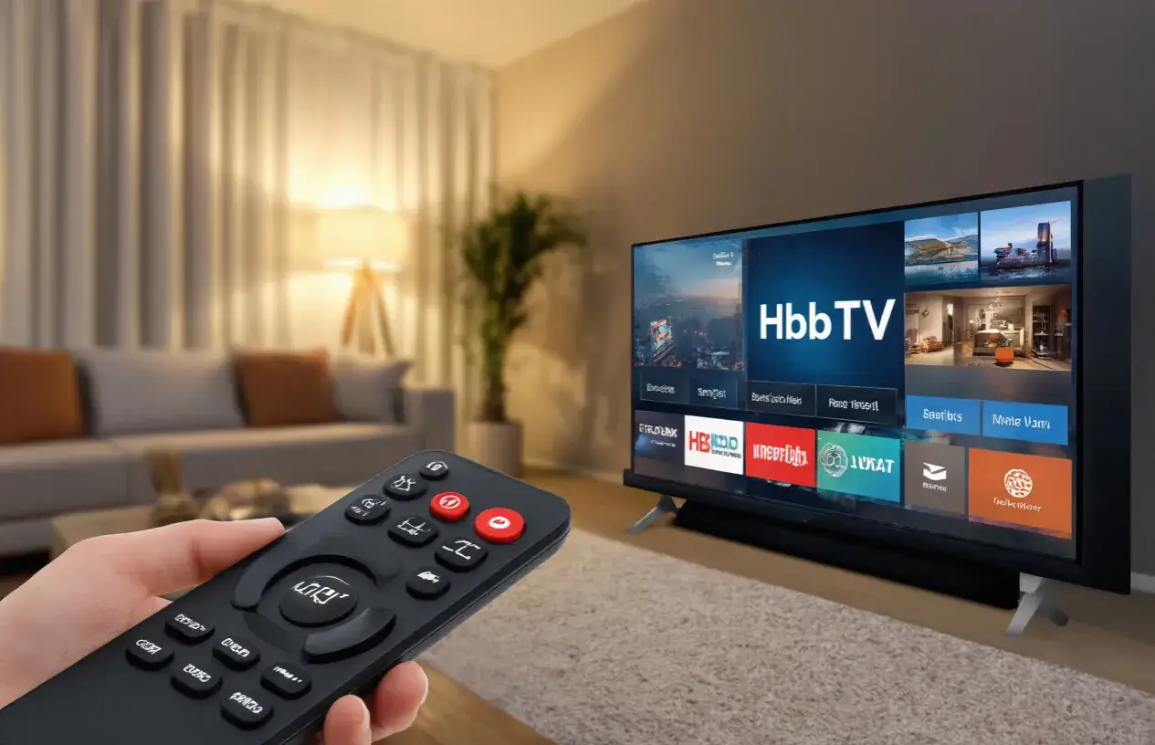 Pilot w dłoni, ekran telewizora z logo HbbTV i aplikacjami.