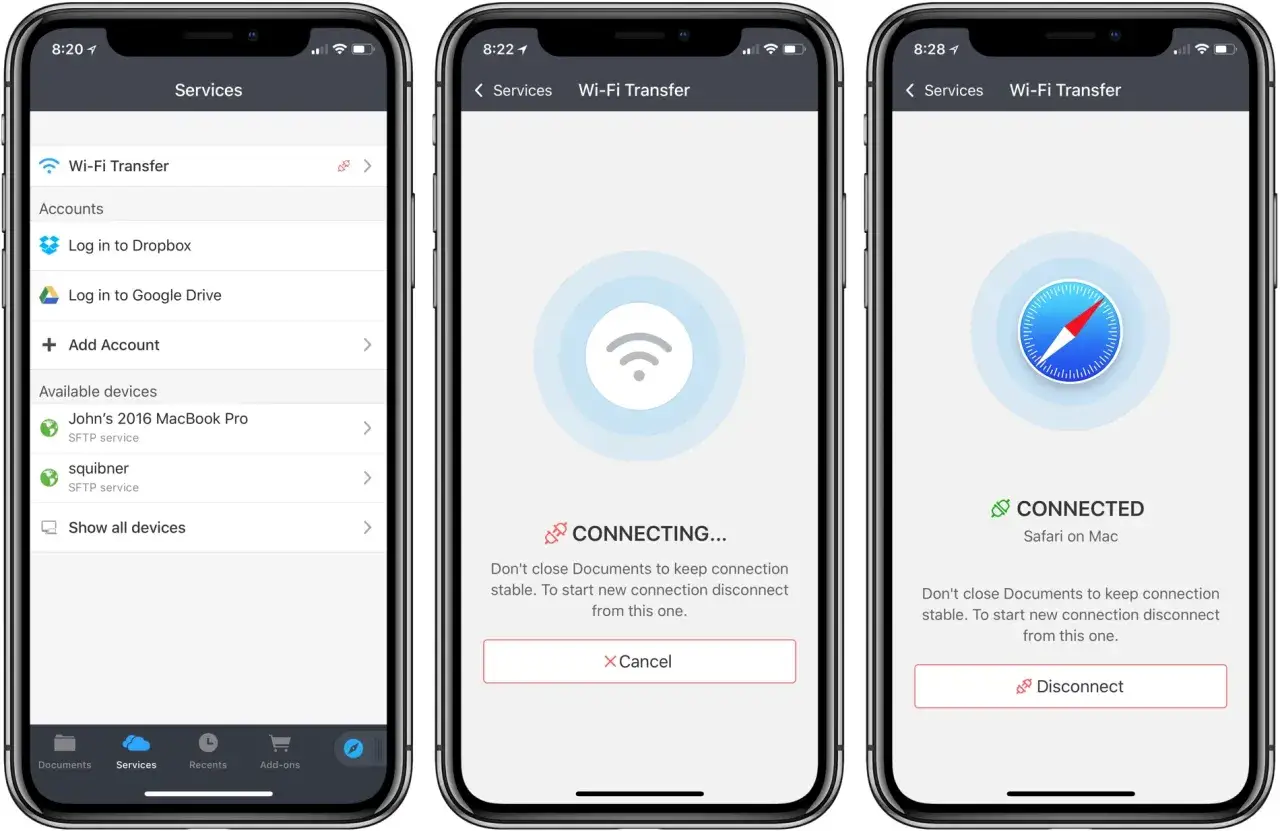 Aplikacja pokazuje, jak działa Wi-Fi Transfer. To jakby airdrop co to, ale przez sieć lokalną. Możesz połączyć się z komputerem.