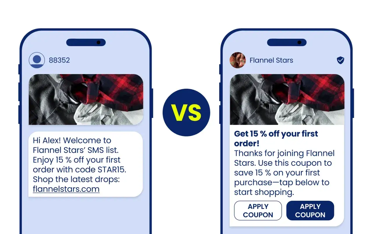 Porównanie SMS vs RCS: oferta 15% zniżki na koszule. RCS co to? Lepsza komunikacja z marką.