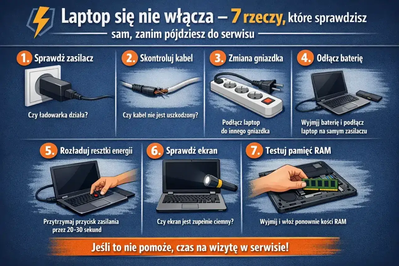 Grafika pokazuje 7 kroków, jak naprawić laptop, który nie chce się włączyć. Sprawdź zasilacz, kabel, gniazdko, baterię, rozładuj energię, ekran i pamięć RAM.