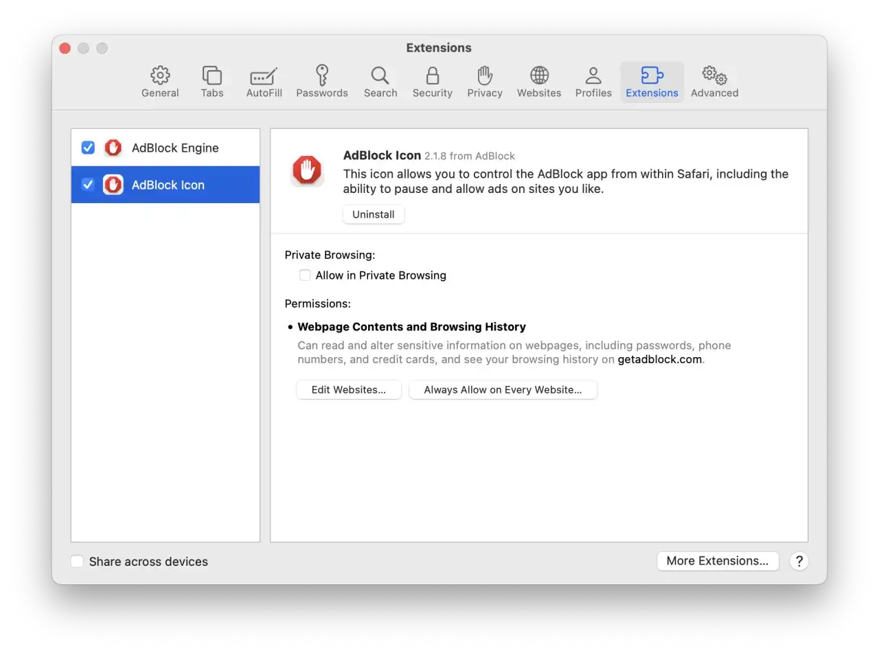 Ustawienia rozszerzeń Safari: AdBlock Icon pozwala kontrolować blokowanie reklam, w tym pauzować i zezwalać na reklamy na stronach.