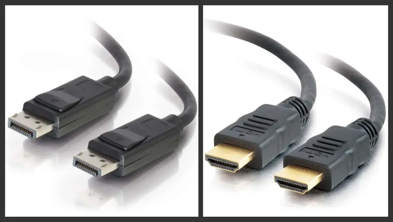 Dwa kable: po lewej DisplayPort, po prawej HDMI. Porównanie złącz wideo.