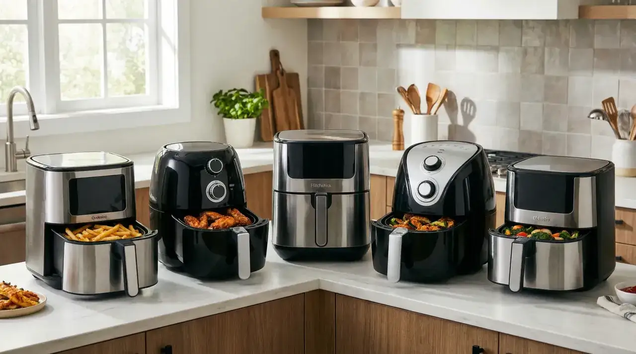 Rząd nowoczesnych frytkownic beztłuszczowych, w tym najlepszy air fryer, prezentuje chrupiące frytki i soczyste skrzydełka.