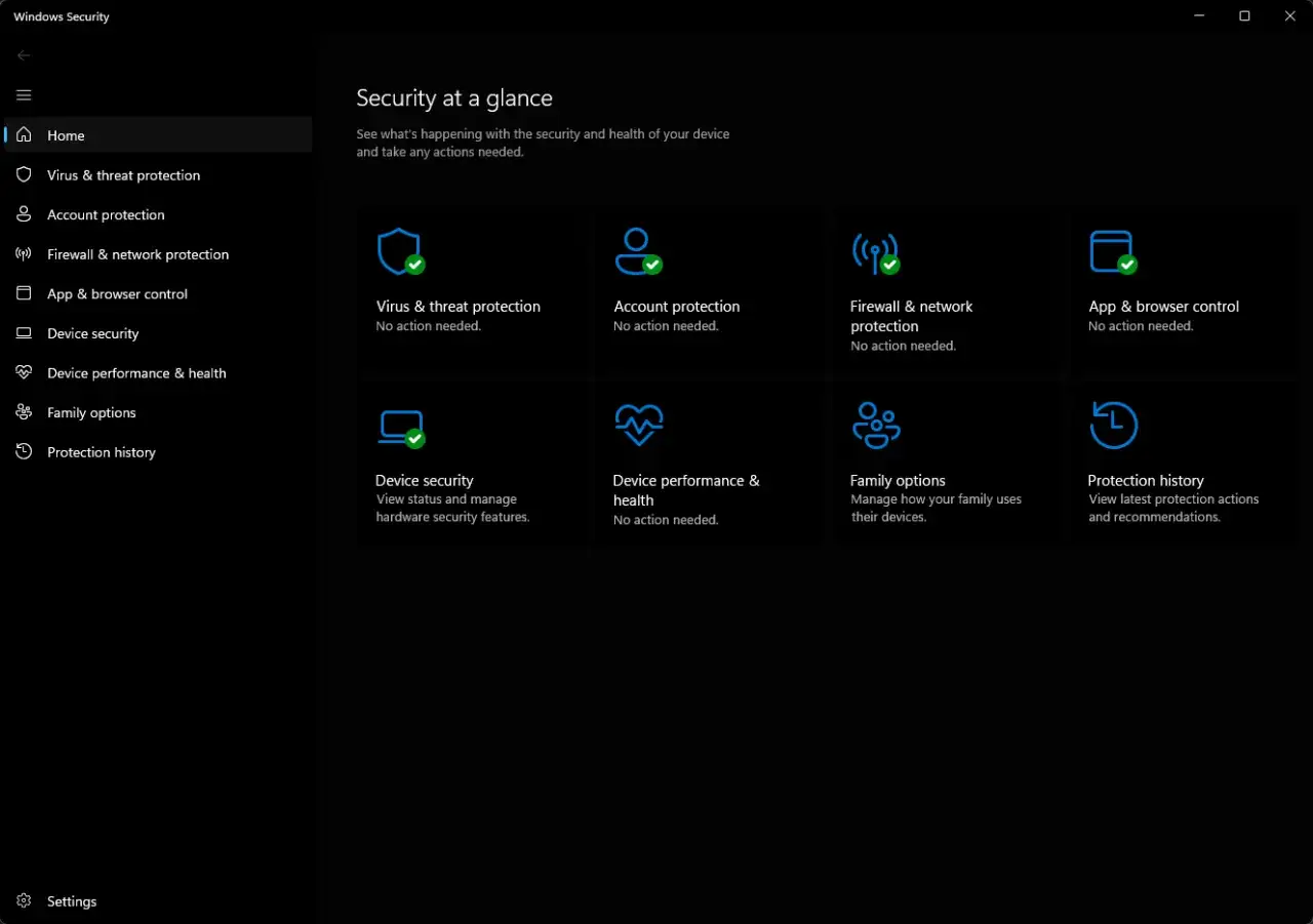 Ekran główny Windows Security, pokazujący stan ochrony: ochrona przed wirusami, kontem, siecią, przeglądarką, urządzeniem, wydajnością, opcje rodzinne i historię ochrony. Microsoft Defender zapewnia bezpieczeństwo.