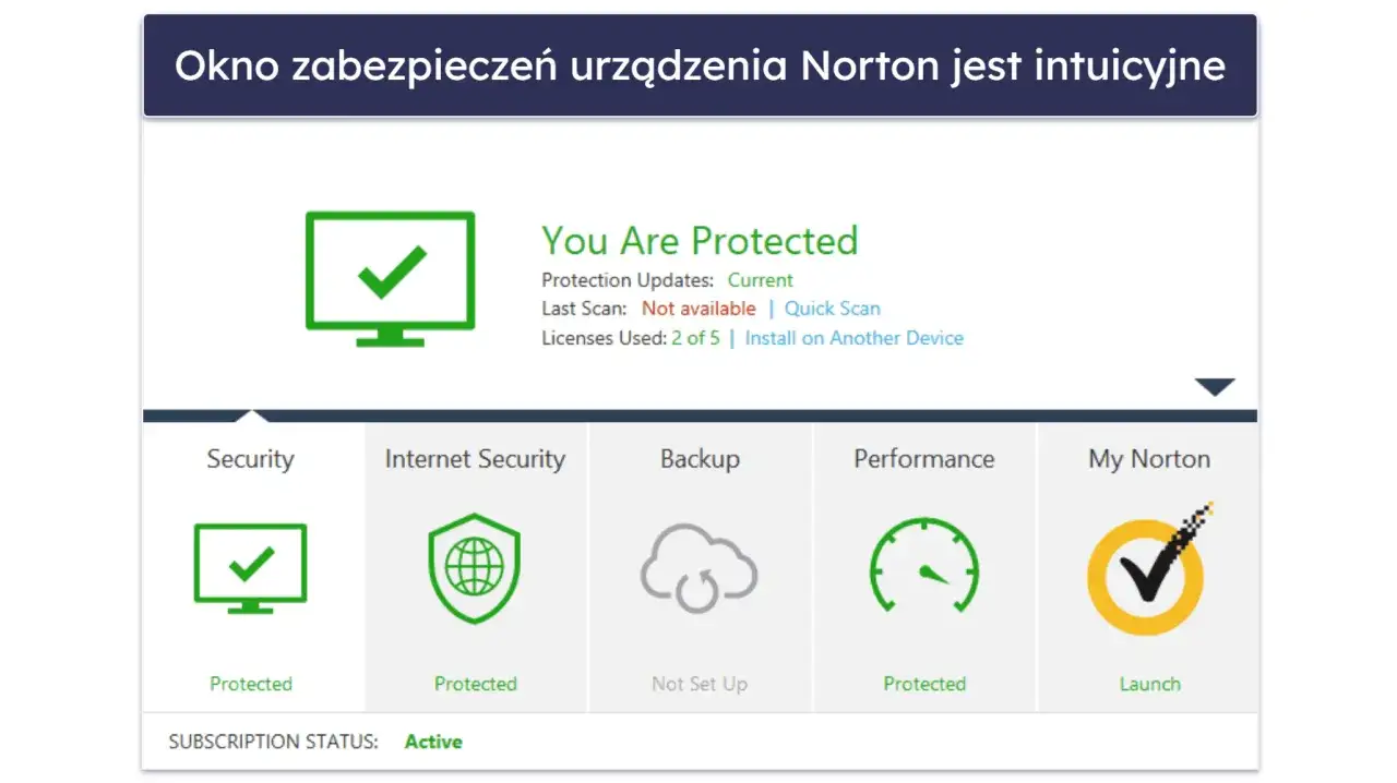 Norton zapewnia najlepszy antywirus, chroniąc Twoje urządzenie. Status: Aktywny.