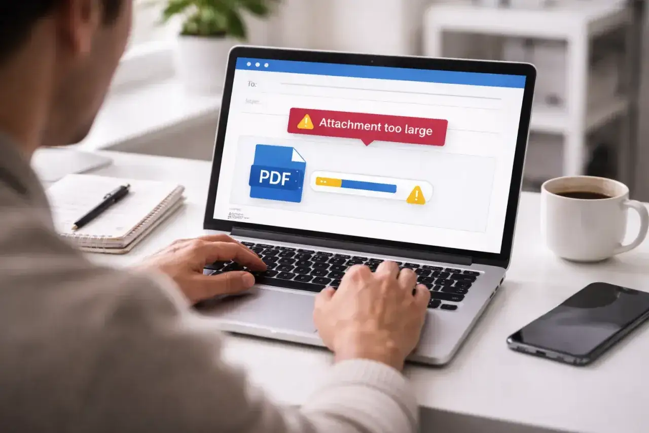 Osoba próbuje wysłać plik PDF, ale komunikat