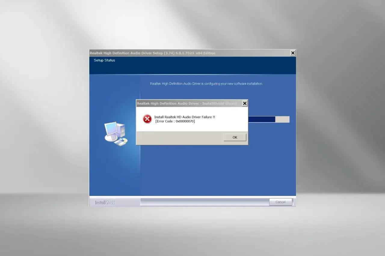 Instalacja Realtek Audio Driver Windows 11 zakończona błędem. Komunikat o błędzie instalacji sterownika dźwięku.