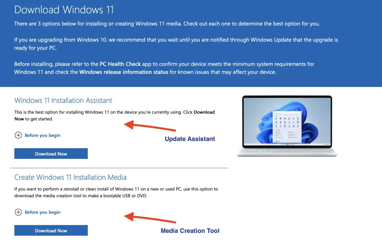 Strona pobierania Windows 11. Dostępny Asystent Instalacji i Narzędzie do tworzenia nośnika. Aktualizacja Windows 11 jest prosta.