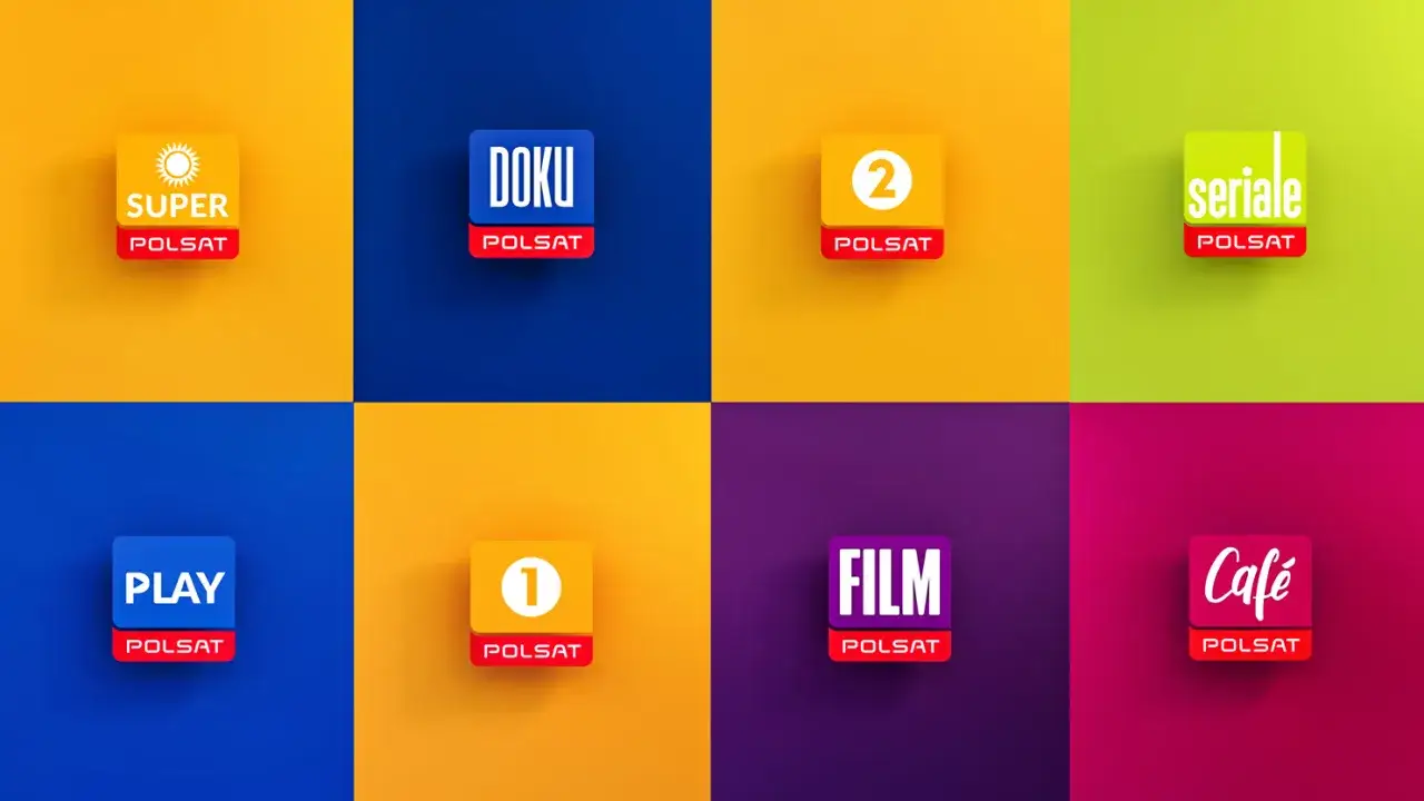 Logotypy kanałów telewizji naziemnej Polsat: Super, Doku, 2, Seriale, Play, 1, Film, Café.