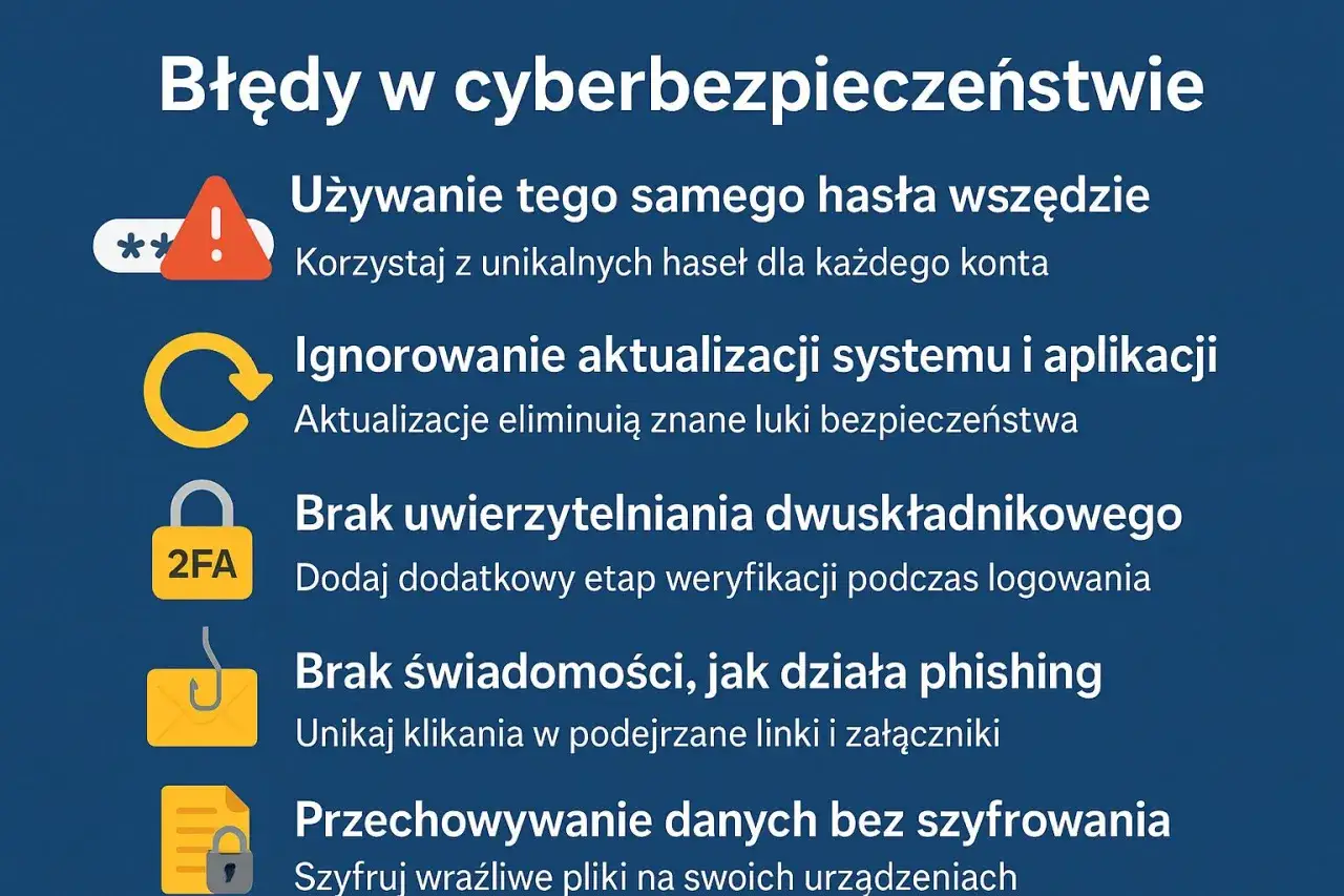 Błędy w cyberbezpieczeństwie: używanie tego samego hasła, ignorowanie aktualizacji, brak 2FA, nieświadomość phishingu, brak szyfrowania. Dbaj o bezpieczeństwo w internecie!