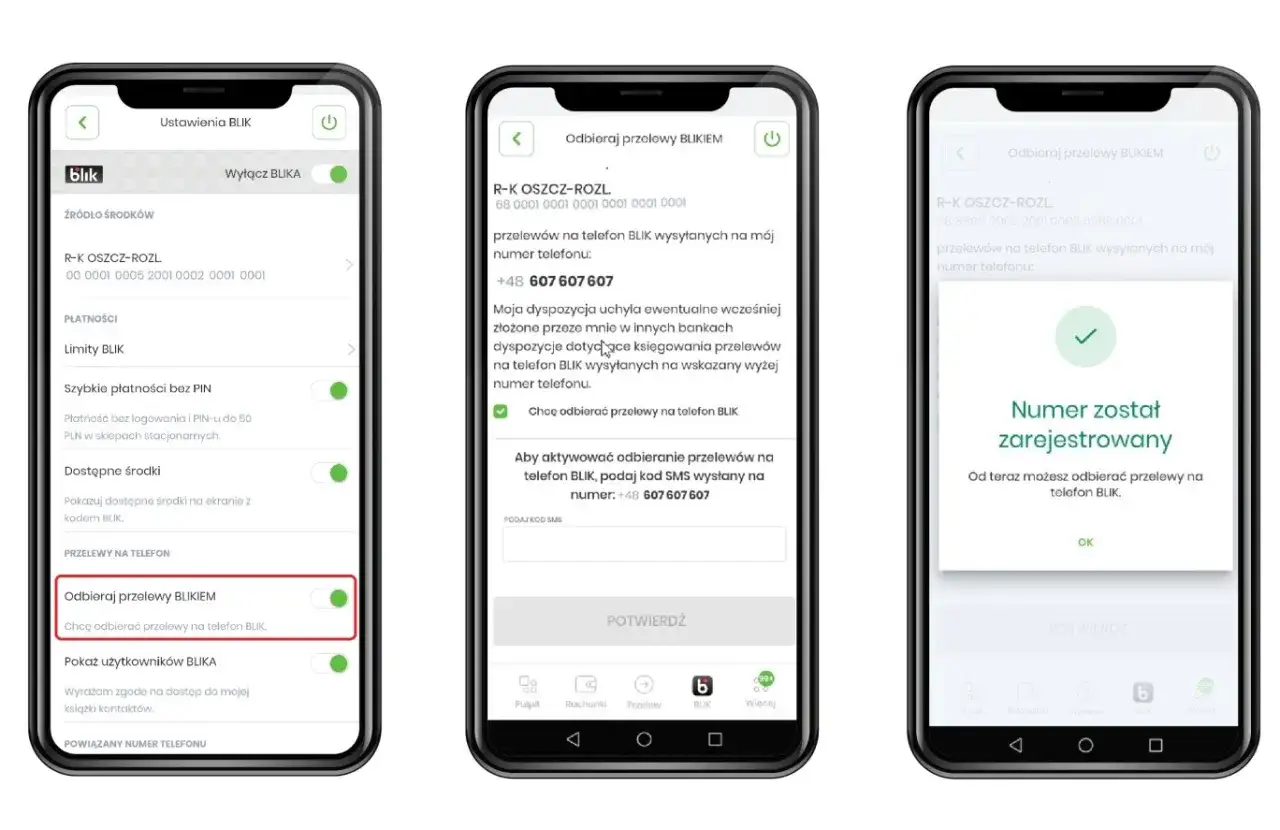 Ustawienia BLIK: aktywacja odbioru przelewów na telefon. Numer telefonu zarejestrowany.
