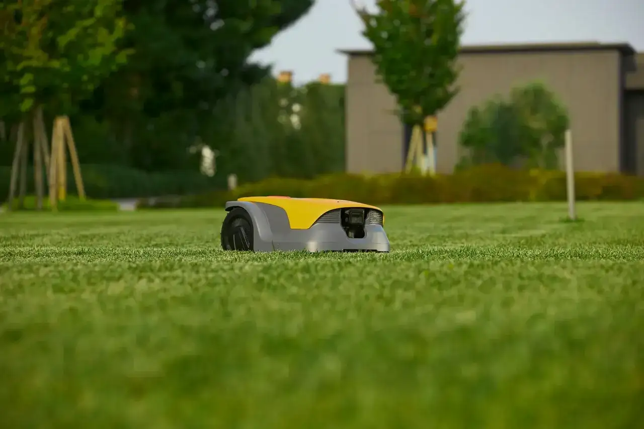 Żółto-szary robot koszący na zielonym trawniku. Idealny do tworzenia rankingu robotów koszących.