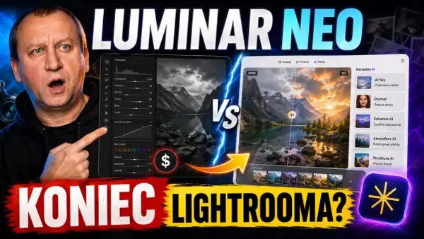 Mężczyzna z zaskoczoną miną porównuje edycję zdjęć w programie **Luminar** Neo z innymi narzędziami.