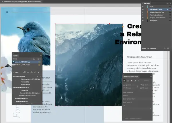 Projekt strony w **Adobe InDesign** z ptakiem i górami. Panel "Łącza" pokazuje pliki graficzne.