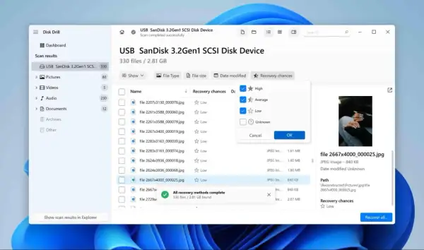 Program Disk Drill pokazuje wyniki skanowania dysku USB SanDisk. Widoczne są nazwy plików, szanse odzyskania i podgląd jednego z nich.