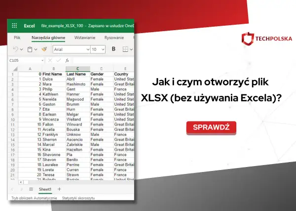 Otwieranie pliku XLSX bez Excela. Tabela danych z imionami, nazwiskami i krajami.