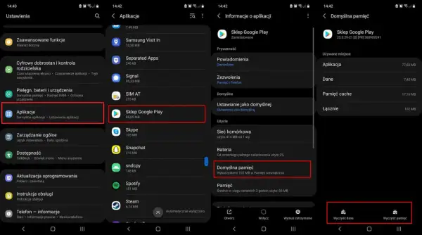 Szukasz informacji o **sklep play aktualizacja**? Na zrzutach ekranu widać ścieżkę do ustawień aplikacji Sklep Google Play, gdzie można sprawdzić zajmowane miejsce i wyczyścić dane.