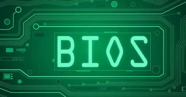 Zielona płyta główna z napisem BIOS. Symbolizuje podstawowy system wejścia/wyjścia, kluczowy dla działania komputera.