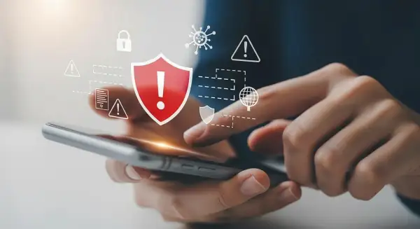 Dłonie trzymające smartfon, nad którym wyświetlają się ikony symbolizujące bezpieczeństwo i ochronę przed zagrożeniami, w tym czerwiona tarcza z wykrzyknikiem. To wizualizacja skutecznego **antywirusa na telefon**.