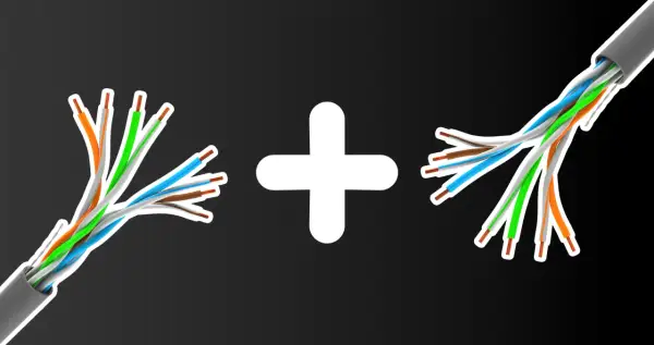 Dwa rozplatane kable ethernet połączone białym znakiem plus.