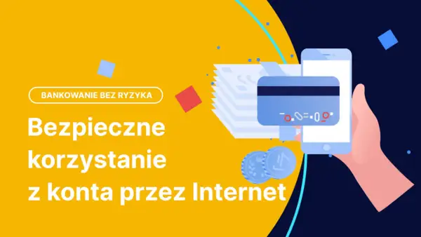 Grafika ilustruje bezpieczenstwo w internecie. Dłoń trzyma smartfon z kartą płatniczą, symbolizując bezpieczne bankowanie online.
