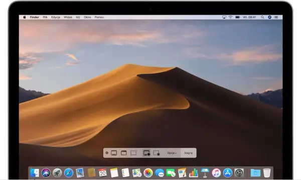 Narzędzie do nagrywania ekranu MacBook z opcjami wyboru obszaru nagrania i przyciskiem "Nagraj".