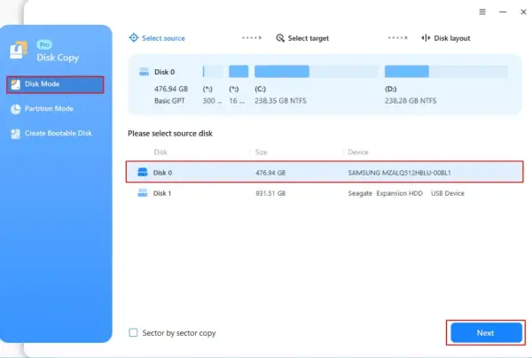 Interfejs programu do klonowania dysku. Wybrano tryb "Disk Mode", zaznaczono dysk źródłowy (Disk 0, Samsung 512GB) do skopiowania.