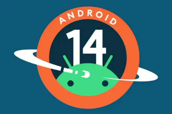 Logo Android 14 z zielonym robotem i pomarańczową obręczą.