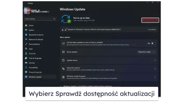 Ekran Ustawień Windows 11, sekcja Windows Update. Widoczna informacja o ostatniej aktualizacji i opcje zarządzania aktualizacjami.