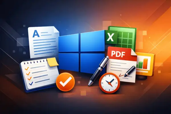 Zestaw ikon biurowych: Windows, Excel za darmo, PDF, dokumenty, zegar, długopis.