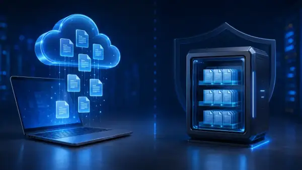 Chmura z dokumentami nad laptopem, a obok sejf z danymi. To wizualizacja, jak działa OneDrive – bezpieczne przechowywanie plików.