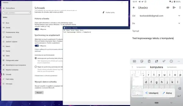 Ustawienia schowka Windows. Historia schowka pozwala na zapisywanie i wklejanie elementów, a synchronizacja ułatwia kopiowanie tekstu z komputera na inne urządzenia.