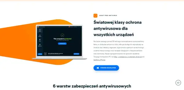 Laptop z interfejsem programu antywirusowego Avast Free Antivirus, pokazujący status "This computer is protected".