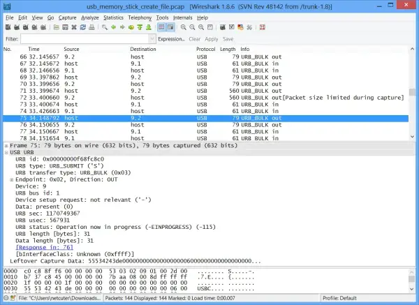 Analiza ruchu USB przez sniffer. Widoczny pakiet URB_BULK out, wysłany z hosta do urządzenia.