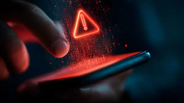 Czerwony trójkąt z wykrzyknikiem nad smartfonem, symbolizujący problem z aktualizacją telefonu.