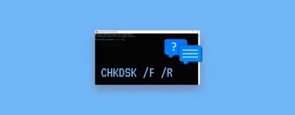 Wiersz poleceń z komendą CHKDSK /F /R, sugerującą naprawę błędów dysku. Dwa dymki dialogowe symbolizują pytania i odpowiedzi.