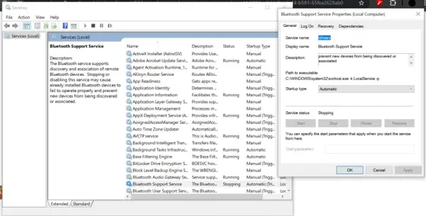 Usługa wsparcia Bluetooth w Windows 8 jest zatrzymana. Można ją uruchomić, aby zapobiec problemom z urządzeniami.