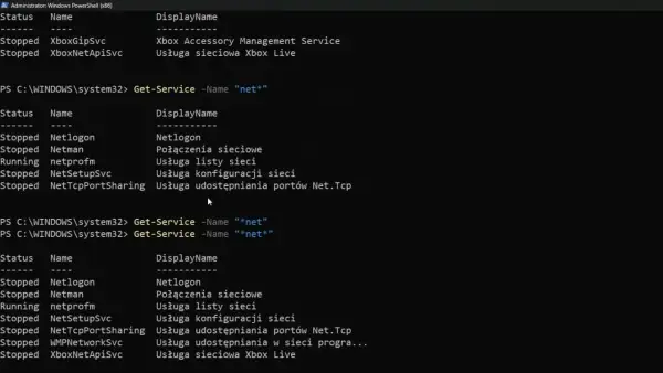 Wiersz poleceń PowerShell wyświetla listę usług sieciowych, w tym "netprofm" w stanie "Running".