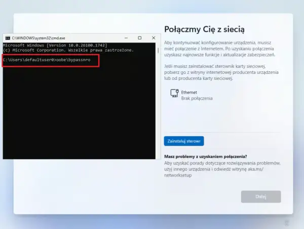 Komunikat o błędzie podczas aktualizacji Windows 11, pokazujący wiersz poleceń z komendą "oobe\bypassnro" i okno z prośbą o połączenie z siecią.