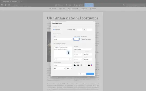 Ustawianie numerowania stron PDF. Okno dialogowe pozwala wybrać zakres stron, styl, pozycję i formatowanie numerów.