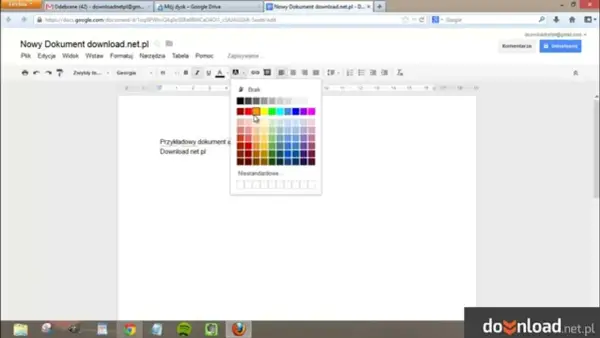 Wybór koloru tekstu w edytorze Google Docs. Możliwość wyboru spośród wielu barw, w tym niestandardowe, dla idealnego wyjustowanie tekstu.