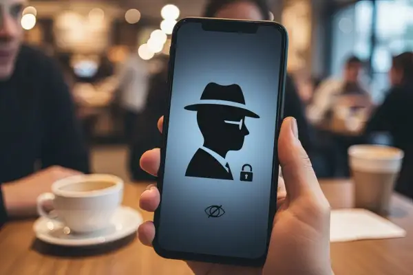 Telefon z ikoną szpiega i kłódką. Włącz tryb incognito, by przeglądać dyskretnie.